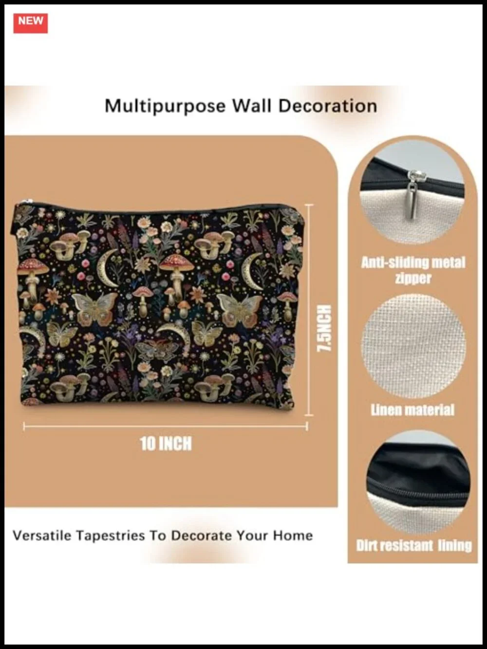 Gothic Witchy Moon Mushroom Butterfly Floral Linen Canvas Zipper Cosmetic Bag